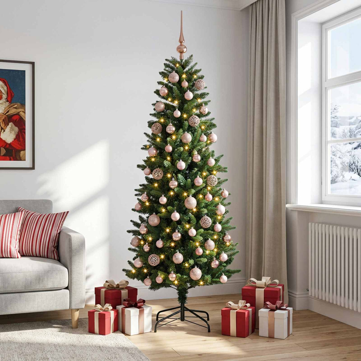 Konstgjord julgran med kulor 180 cm 300 LED-lampor Varmvit