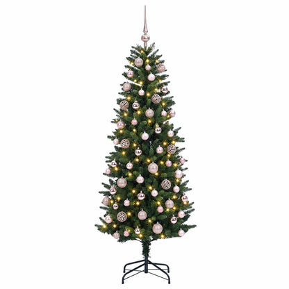 Konstgjord julgran med kulor 210 cm 300 LED-lampor Varmvit