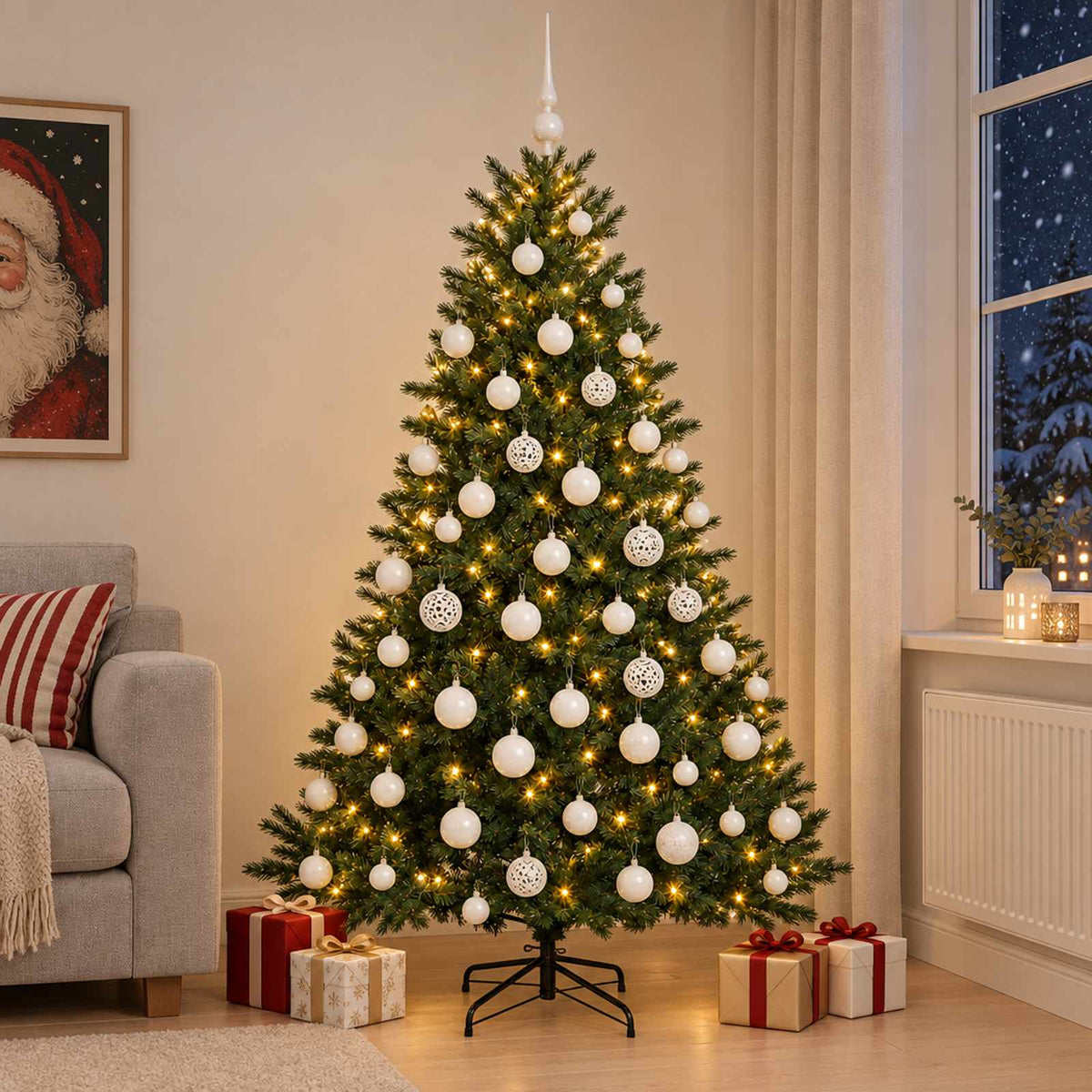 Konstgjord julgran med julkulor 210 cm 300 LED-lampor Varmvit