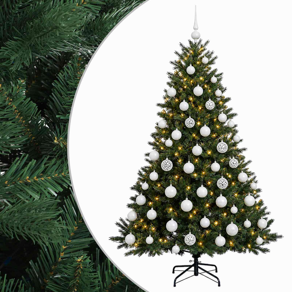 Konstgjord julgran med julkulor 210 cm 300 LED-lampor Varmvit