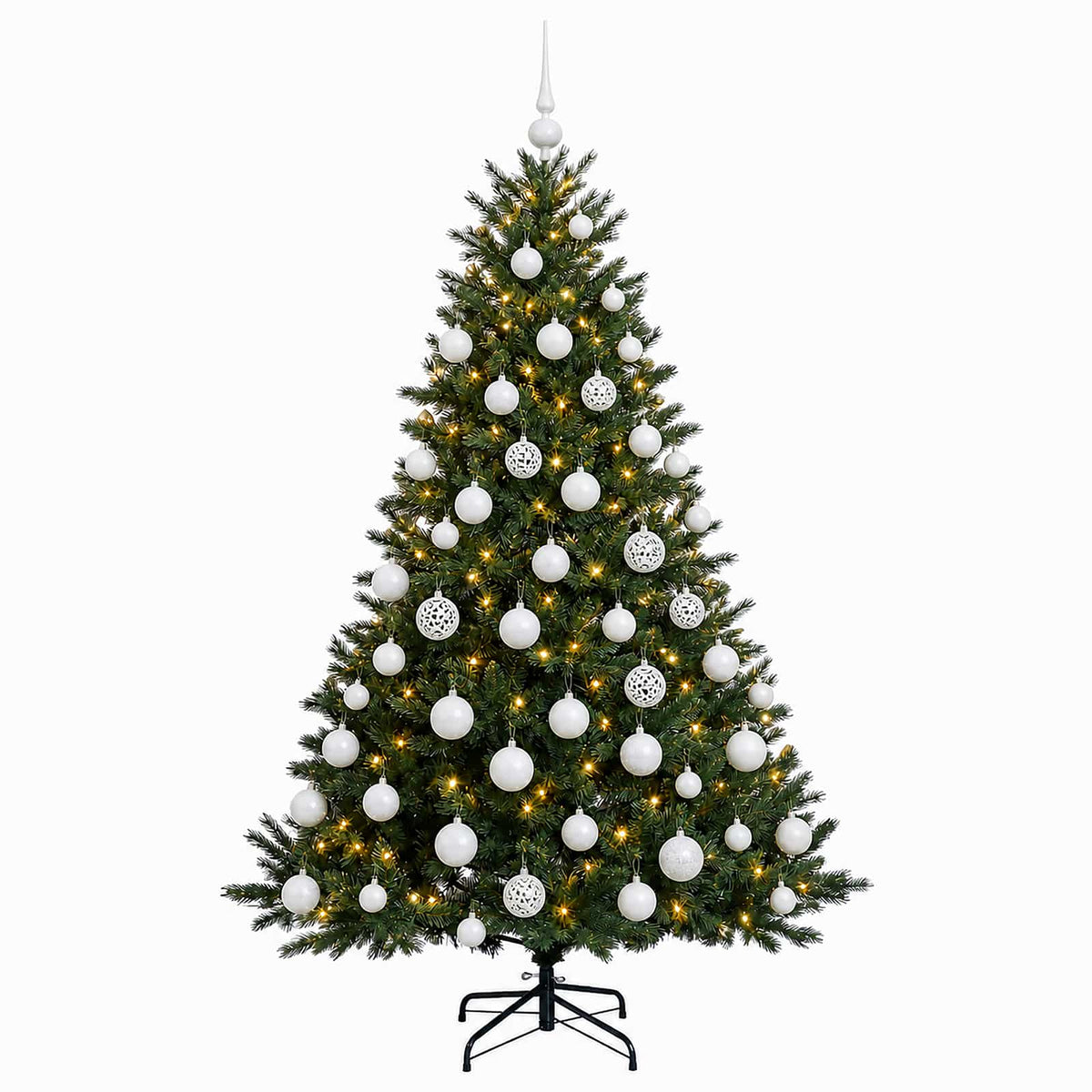 Konstgjord julgran med julkulor 210 cm 300 LED-lampor Varmvit