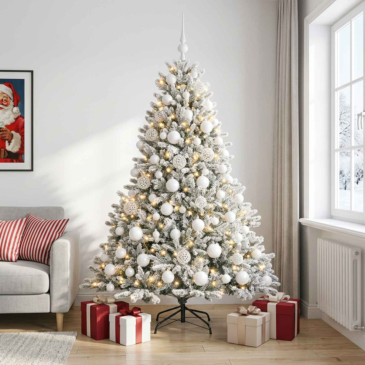 Konstgjord julgran med julkulor 180 cm 300 LED-lampor Varmvit