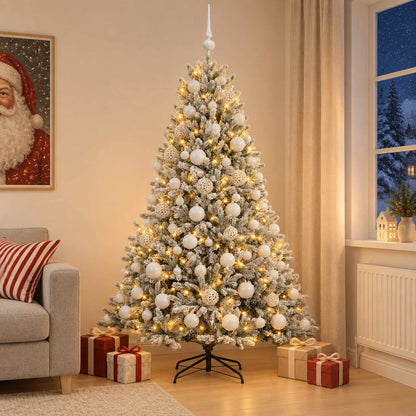 Konstgjord julgran med julkulor 210 cm 300 LED-lampor Varmvit