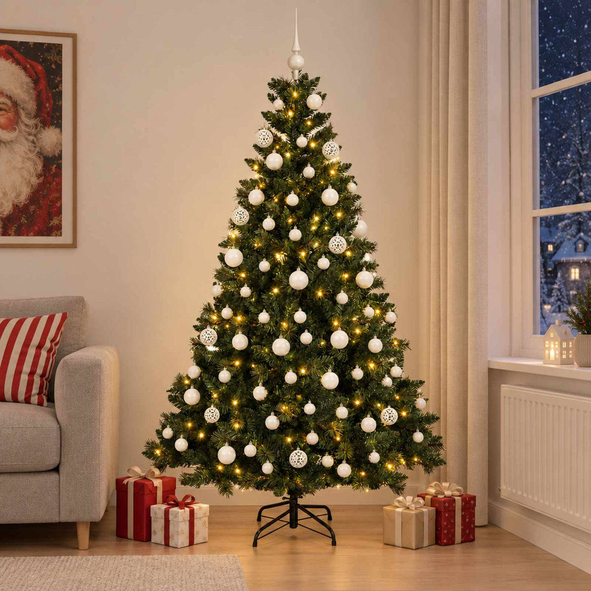 Konstgjord julgran med kulor 240 cm 300 LED-lampor Varmvit