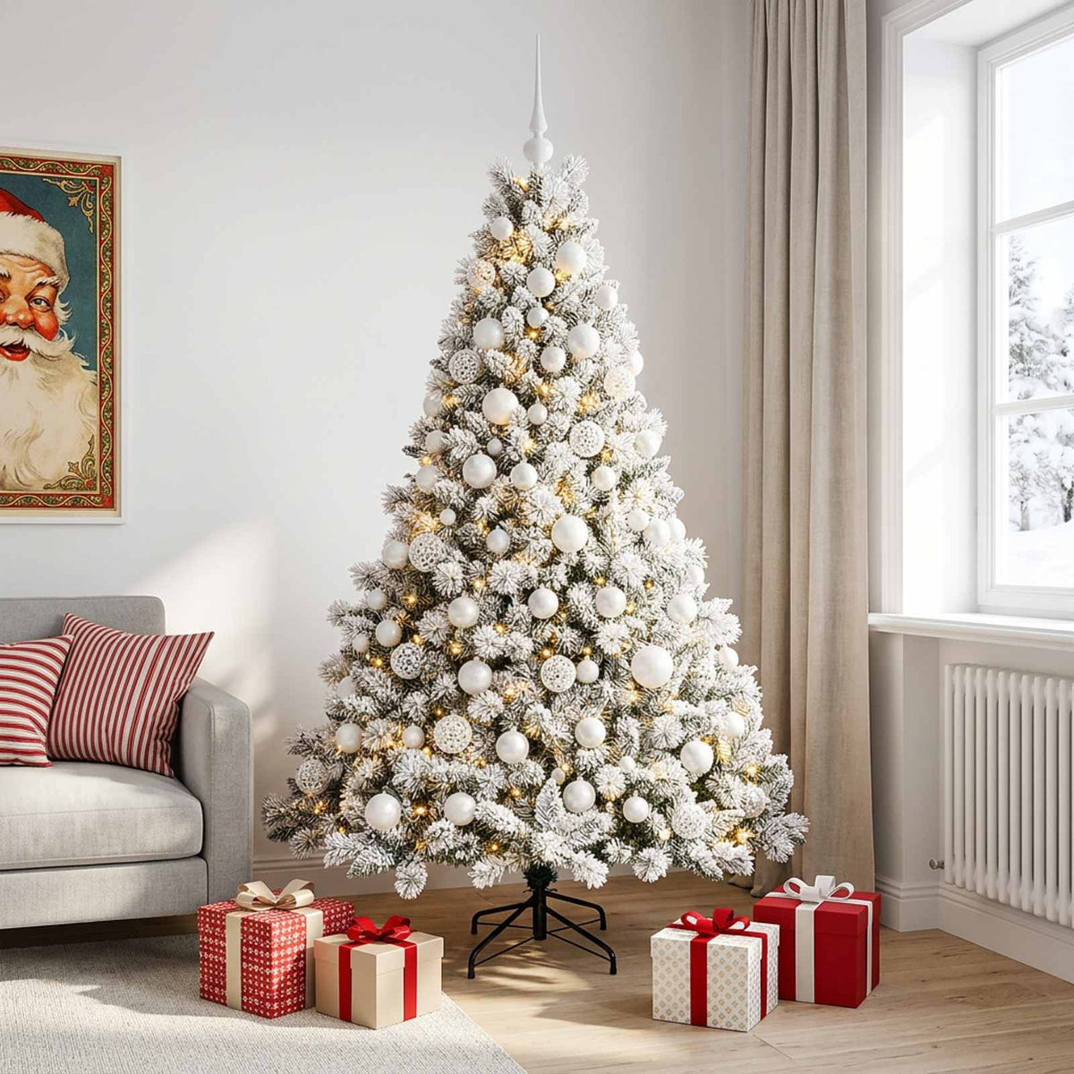 Konstgjord julgran med kulor 180 cm 300 LED-lampor Varmvit