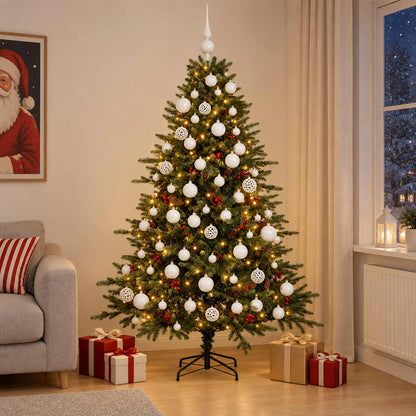 Konstgjord julgran med julkulor 180 cm 300 LED-lampor Varmvit