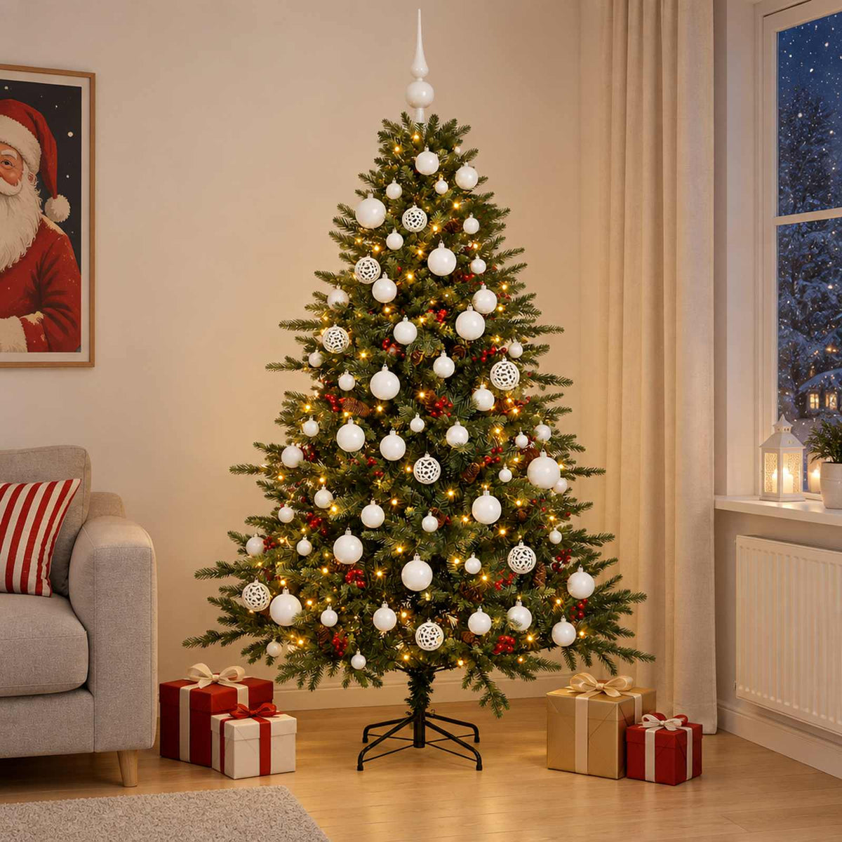 Konstgjord julgran med julkulor 240 cm 300 LED-lampor Varmvit