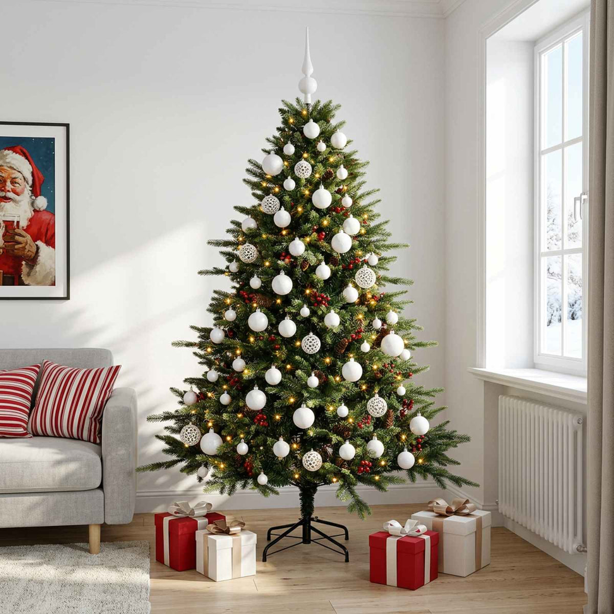 Konstgjord julgran med julkulor 180 cm 300 LED-lampor Varmvit