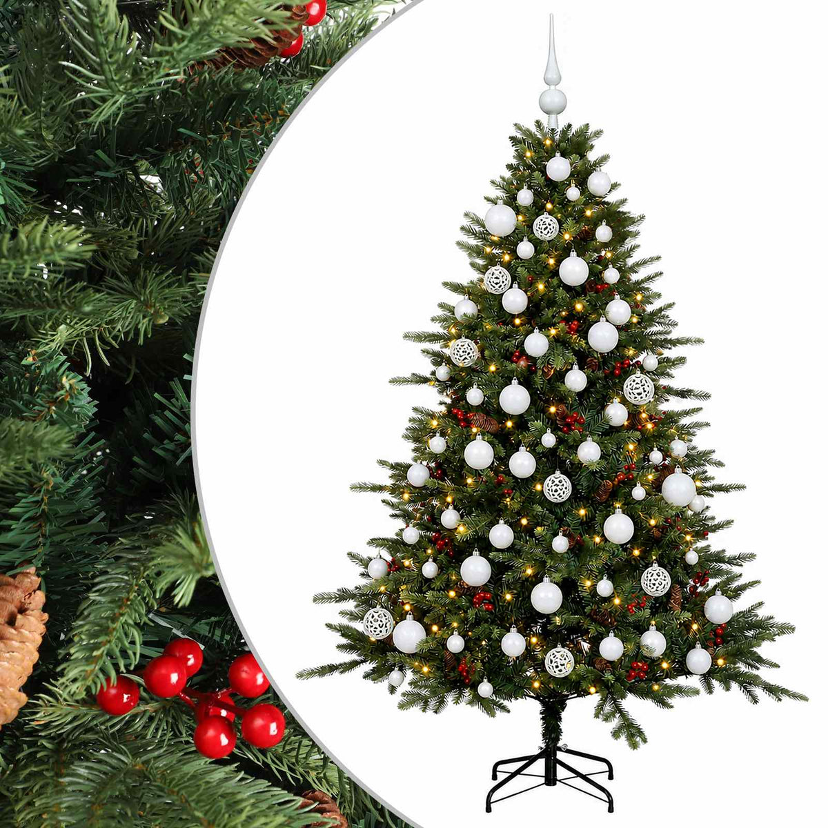 Konstgjord julgran med julkulor 180 cm 300 LED-lampor Varmvit