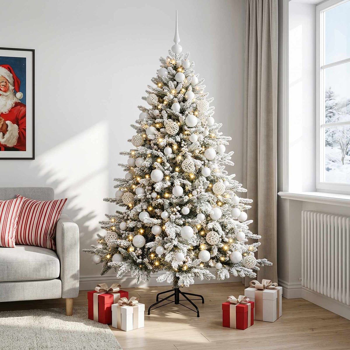 Konstgjord julgran med julkulor 210 cm 300 LED-lampor Varmvit