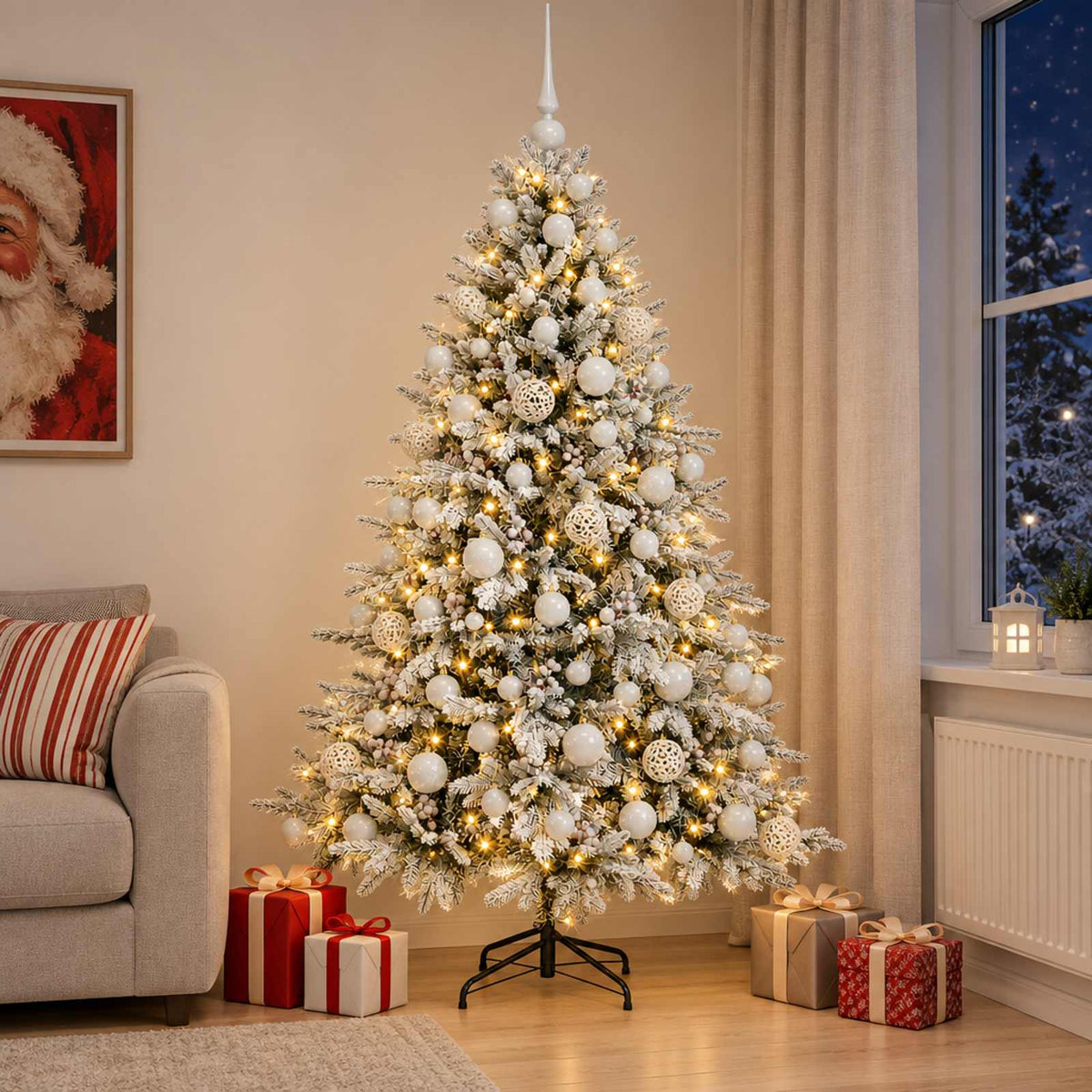 Konstgjord julgran med julkulor 180 cm 300 LED-lampor Varmvit