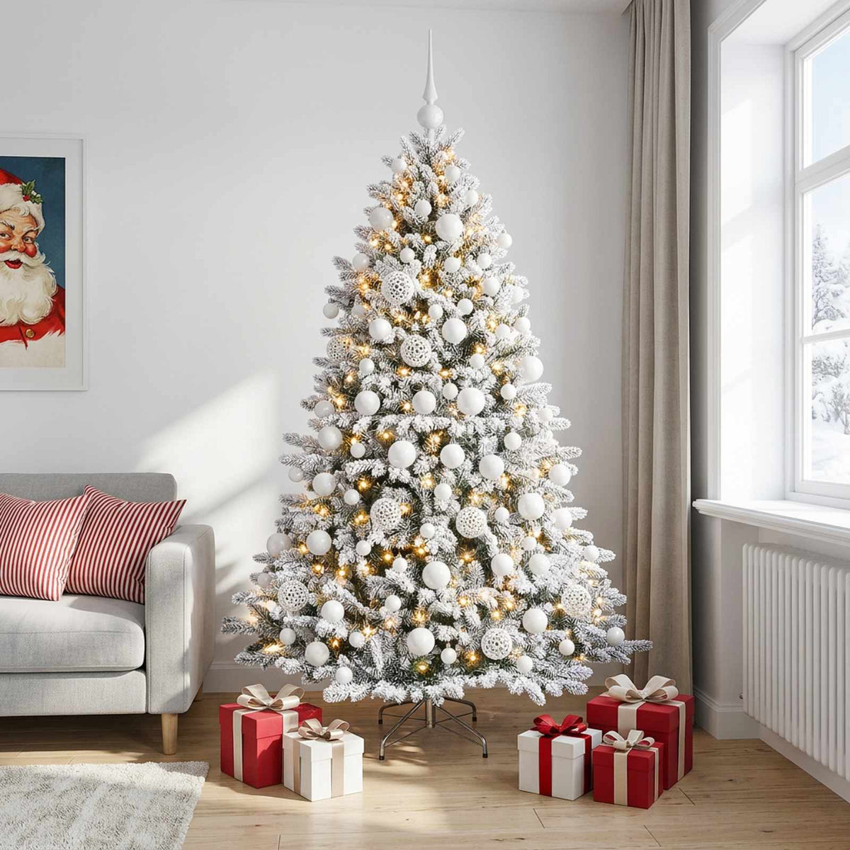 Konstgjord julgran med kulor 210 cm 300 LED-lampor Varmvit