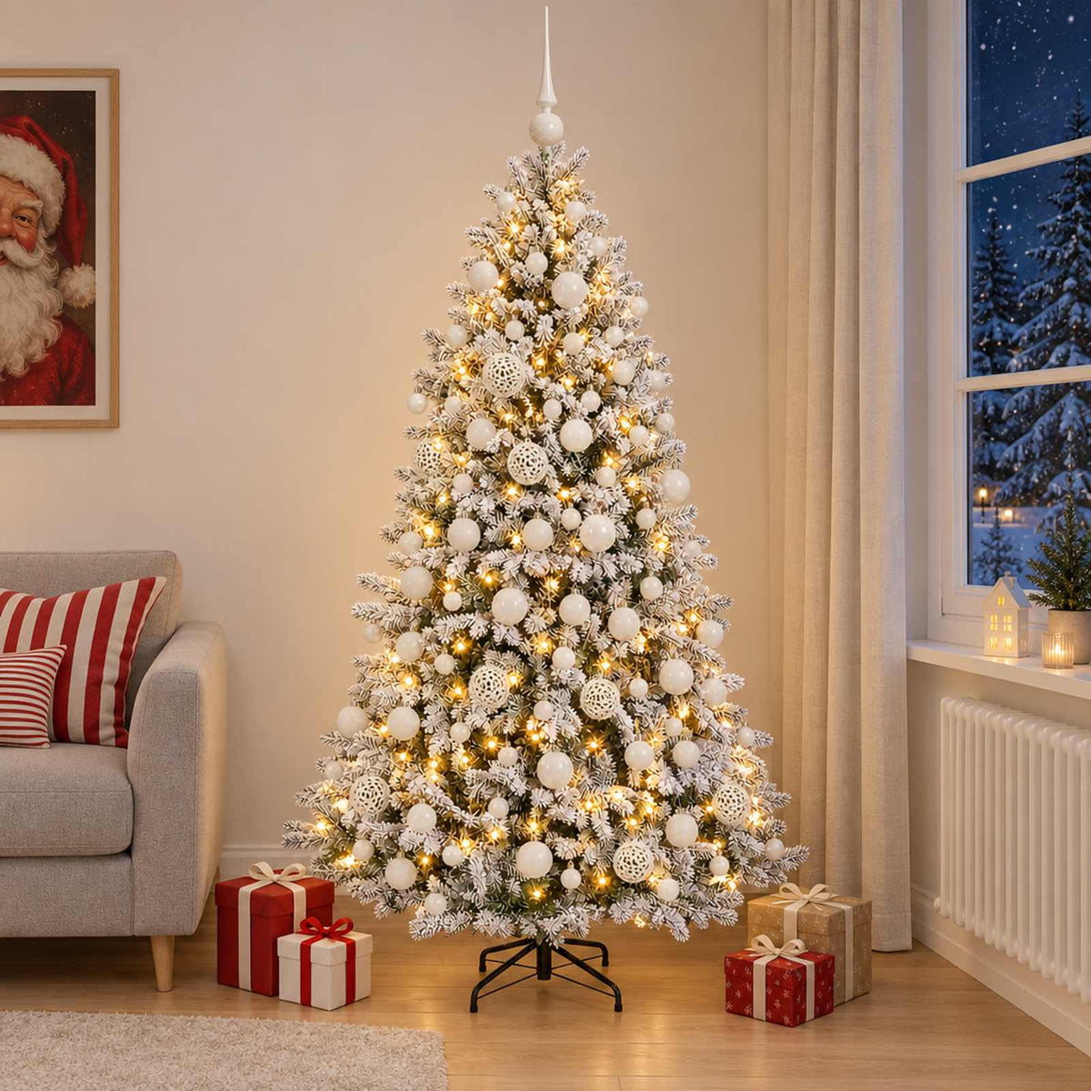 Konstgjord julgran med kulor 180 cm 300 LED-lampor Varmvit
