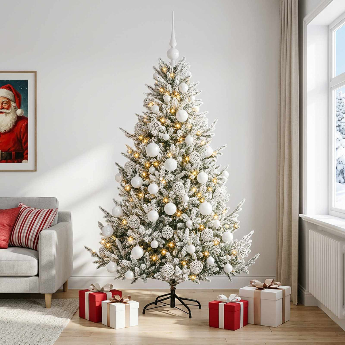 Konstgjord julgran med julkulor 180 cm 300 LED-lampor Varmvit