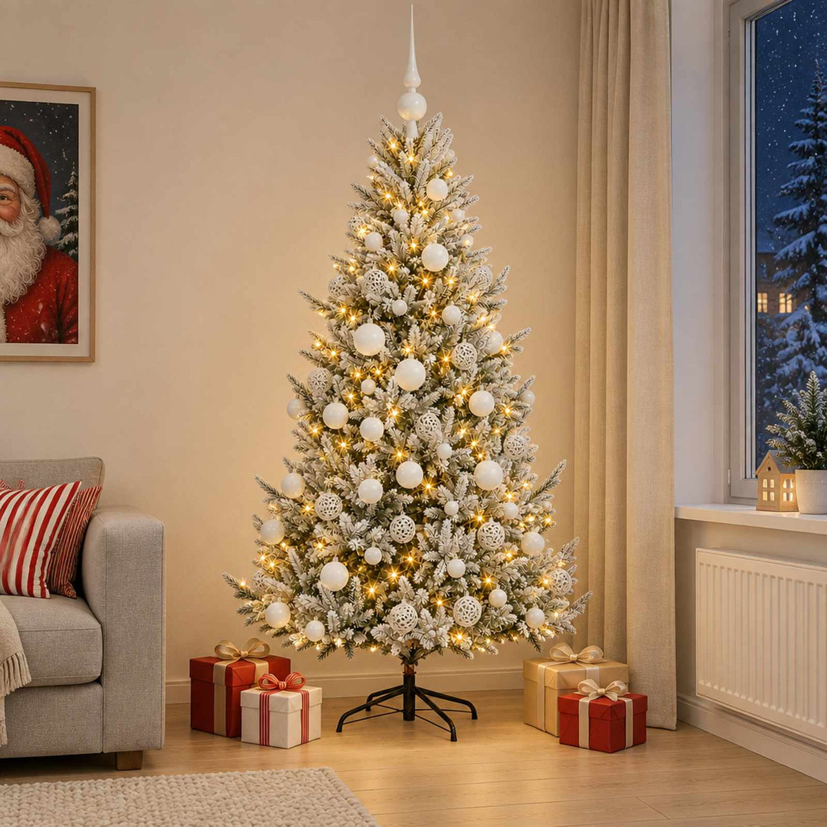 Konstgjord julgran med julkulor 180 cm 300 LED-lampor Varmvit