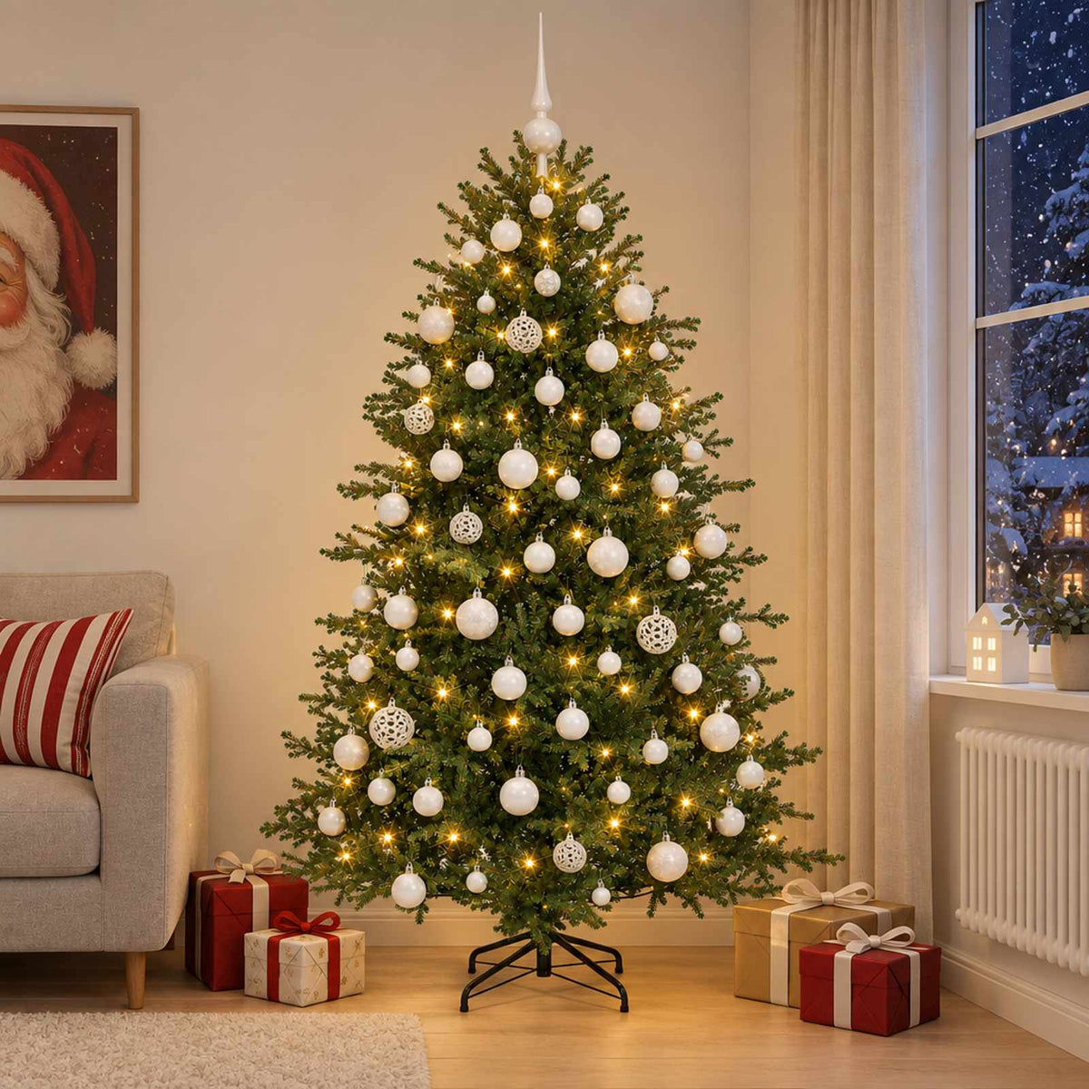 Konstgjord julgran med julkulor 240 cm 300 LED-lampor Varmvit