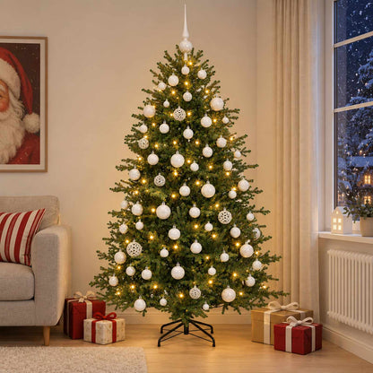Konstgjord julgran med julkulor 180 cm 300 LED-lampor Varmvit