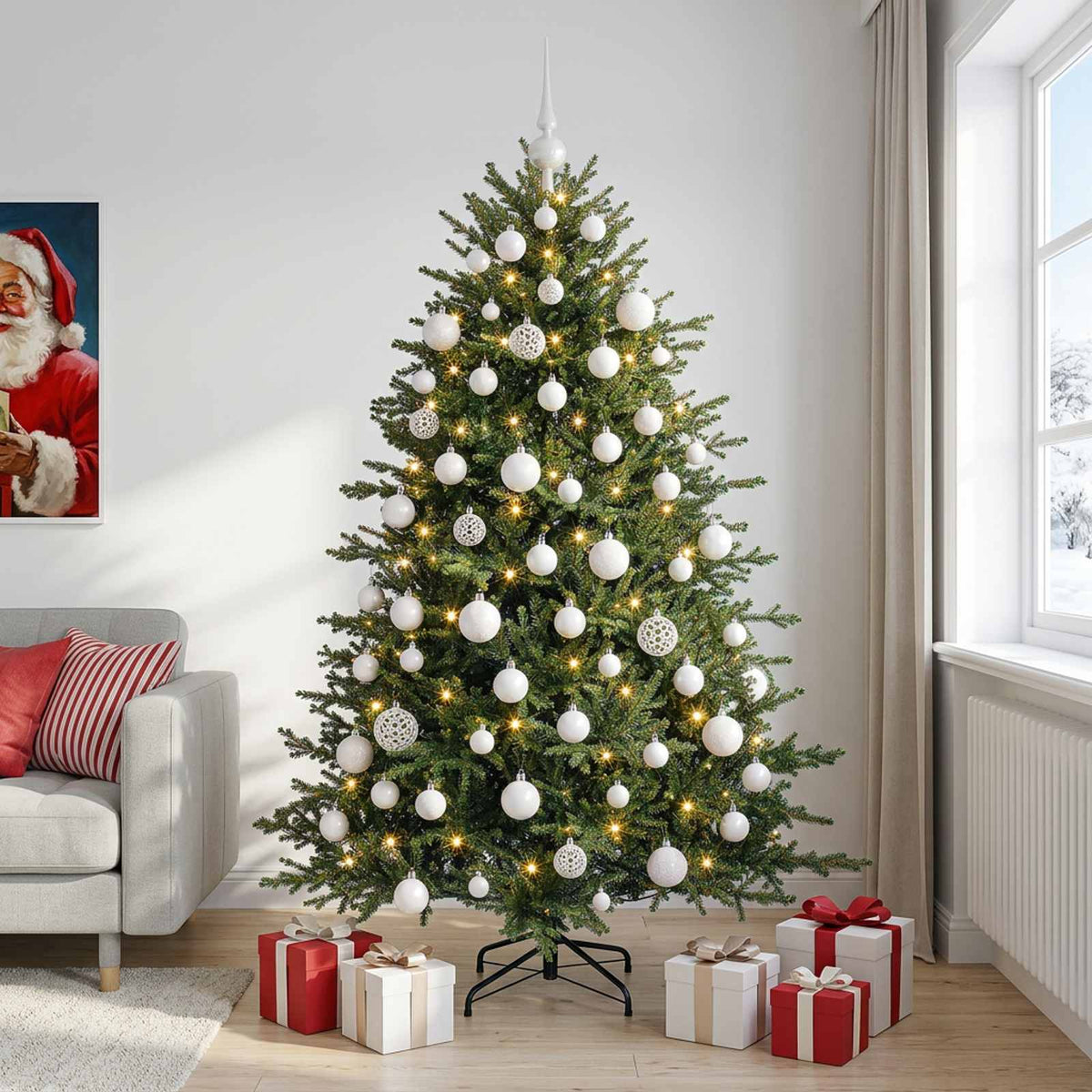 Konstgjord julgran med julkulor 180 cm 300 LED-lampor Varmvit