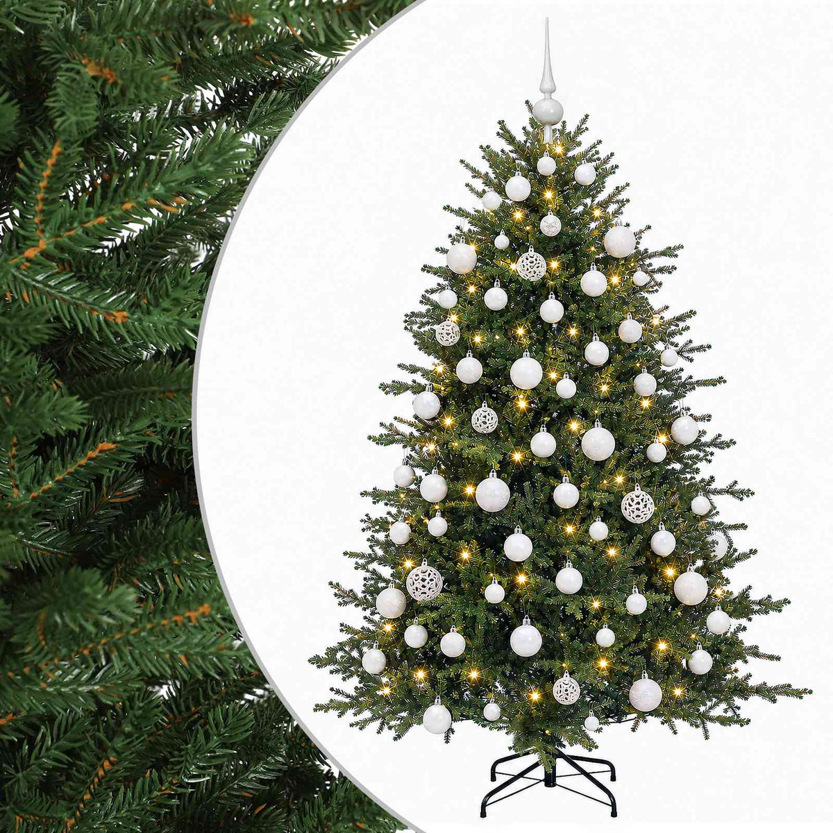 Konstgjord julgran med julkulor 240 cm 300 LED-lampor Varmvit