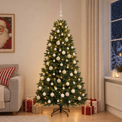 Konstgjord julgran med kulor 180 cm 300 LED-lampor Varmvit