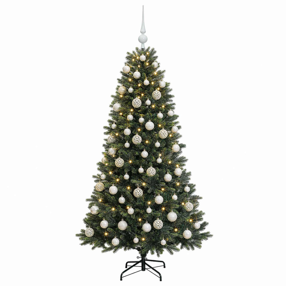 Konstgjord julgran med kulor 180 cm 300 LED-lampor Varmvit