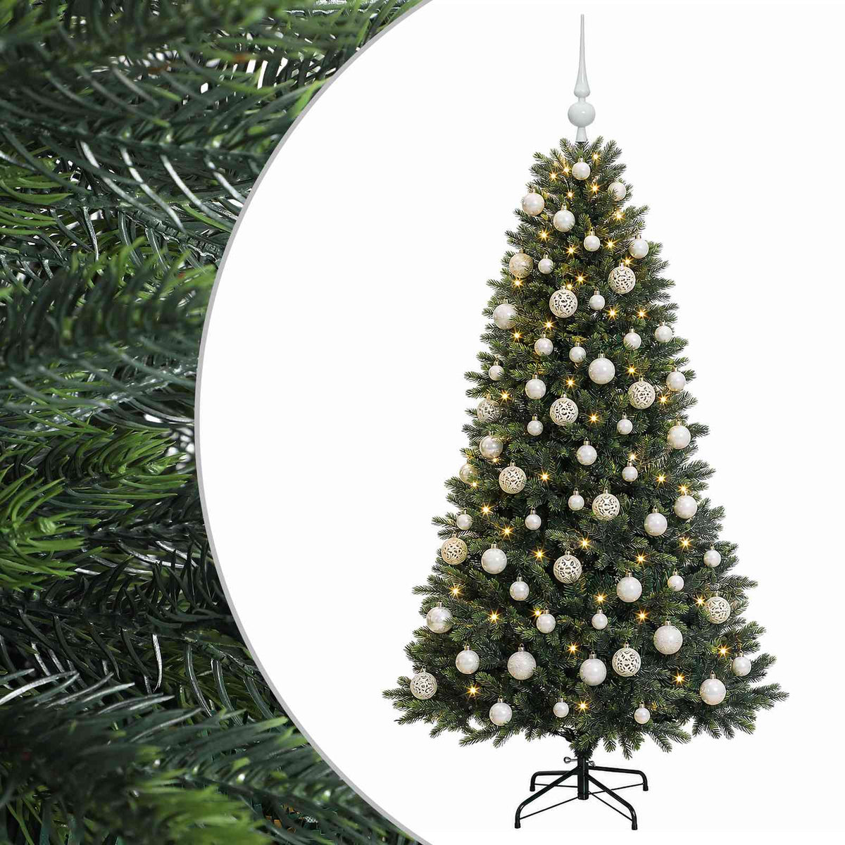 Konstgjord julgran med kulor 210 cm 300 LED-lampor Varmvit
