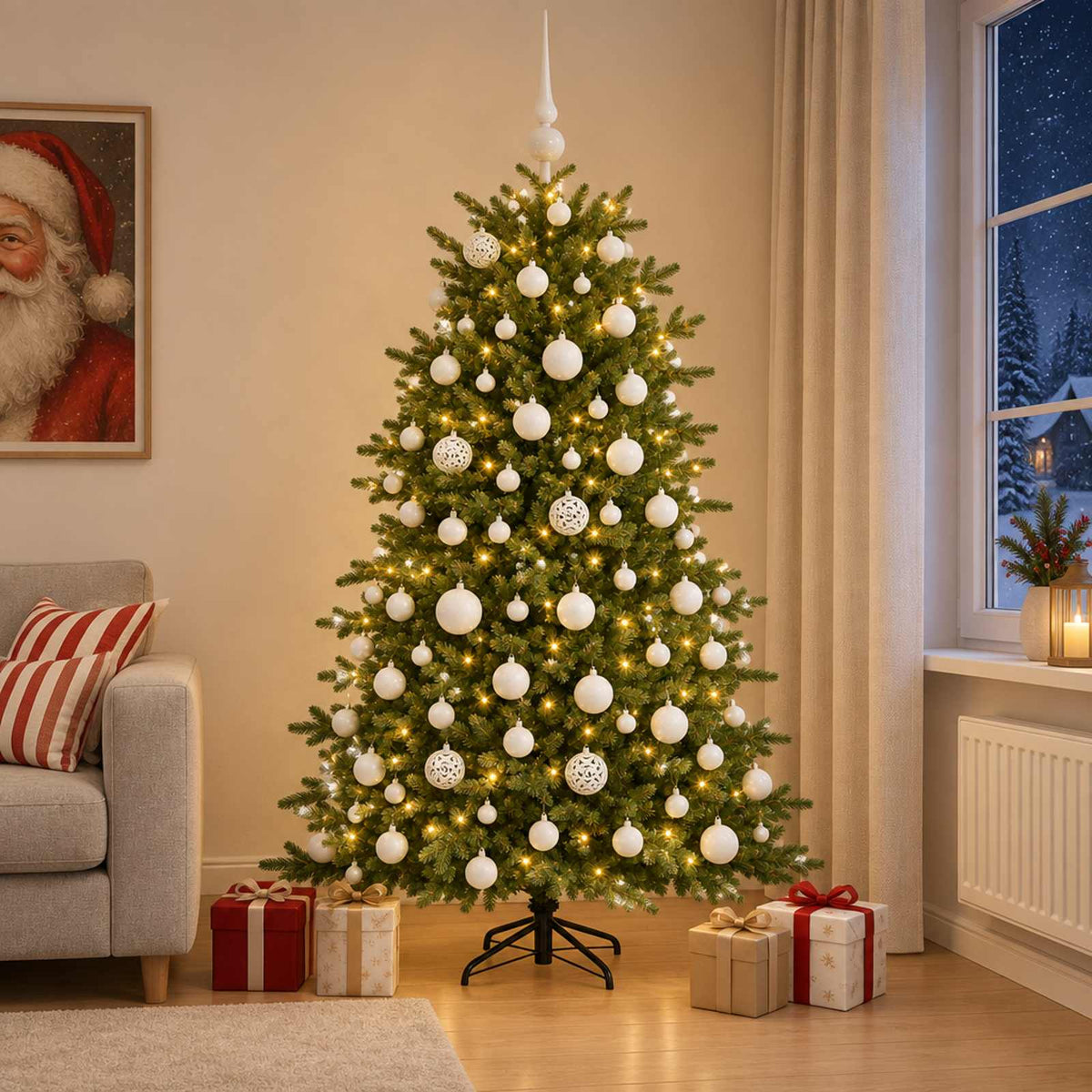 Konstgjord julgran med julkulor 180 cm 300 LED-lampor Varmvit