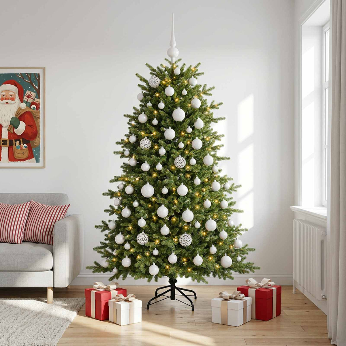Konstgjord julgran med julkulor 180 cm 300 LED-lampor Varmvit