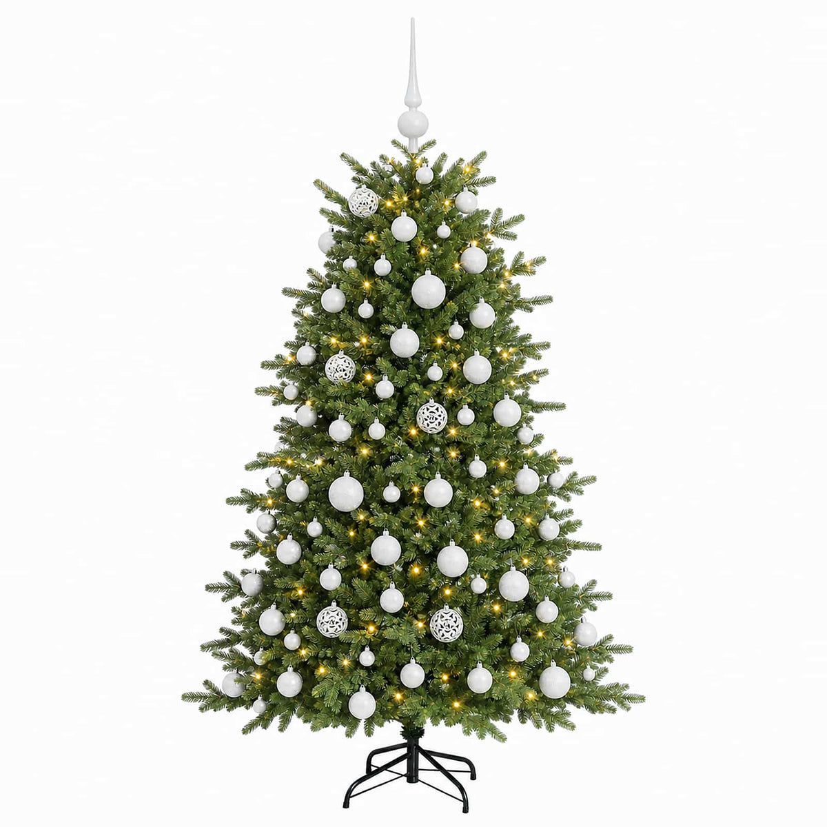Konstgjord julgran med julkulor 210 cm 300 LED-lampor Varmvit