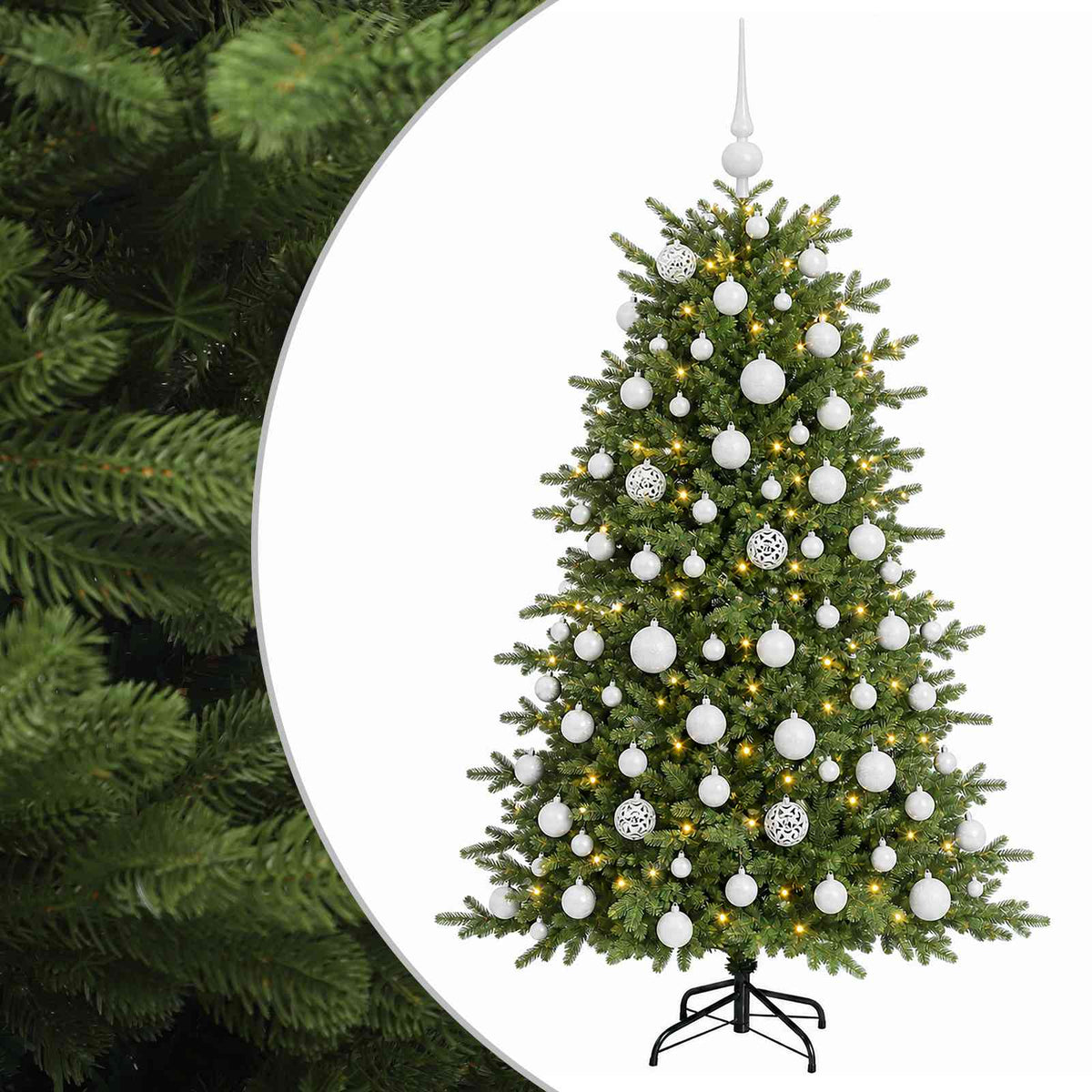 Konstgjord julgran med julkulor 240 cm 300 LED-lampor Varmvit