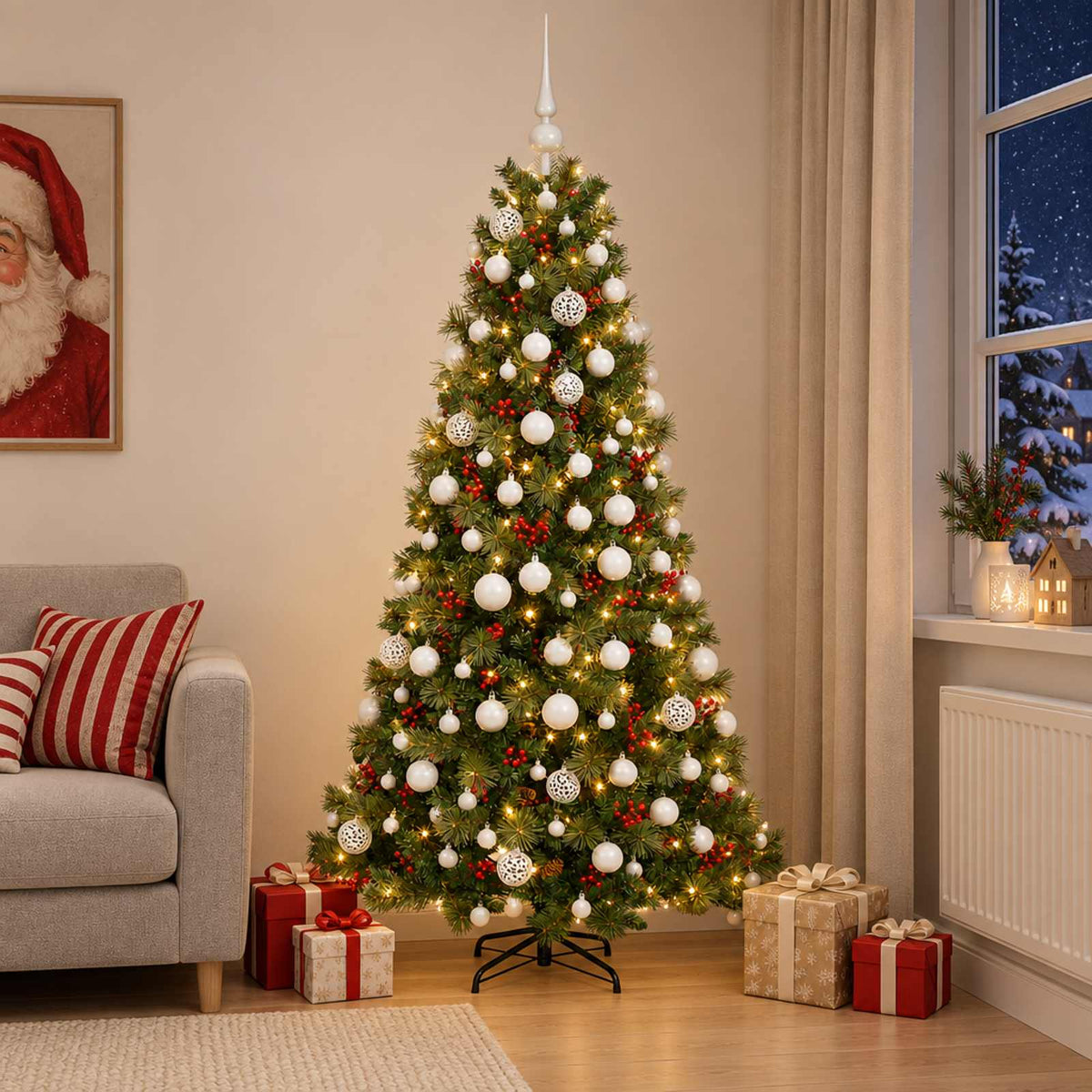 Konstgjord julgran med julkulor 180 cm 300 LED-lampor Varmvit