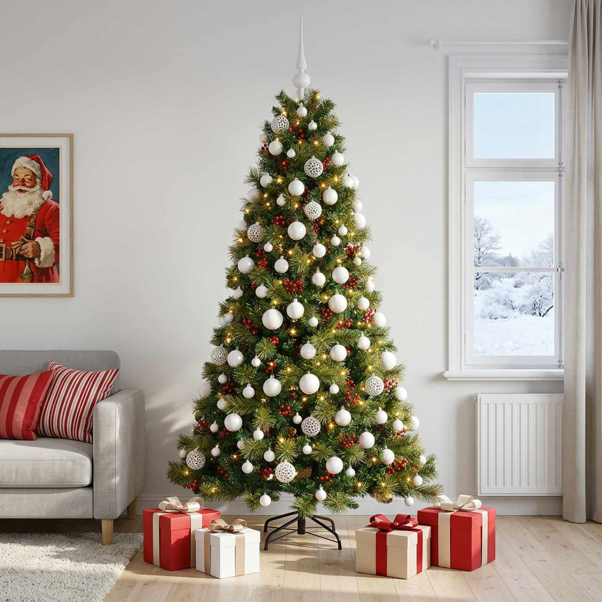 Konstgjord julgran med julkulor 180 cm 300 LED-lampor Varmvit