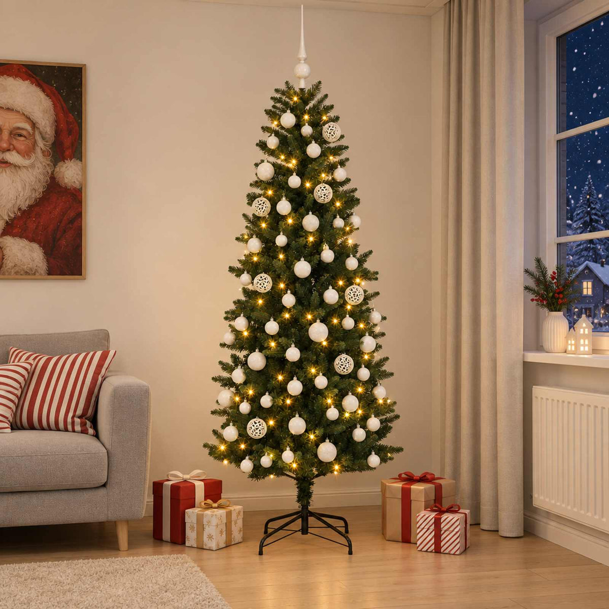 Konstgjord julgran med kulor 180 cm 300 LED-lampor Varmvit