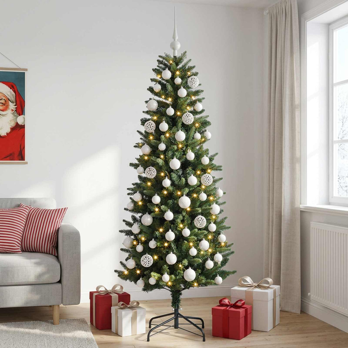 Konstgjord julgran med kulor 180 cm 300 LED-lampor Varmvit