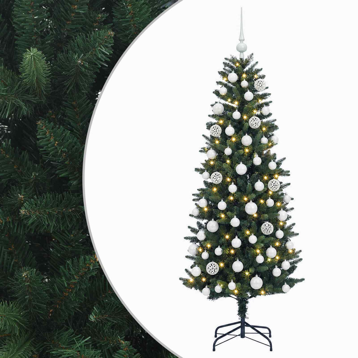 Konstgjord julgran med kulor 210 cm 300 LED-lampor Varmvit