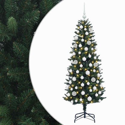 Konstgjord julgran med kulor 210 cm 300 LED-lampor Varmvit
