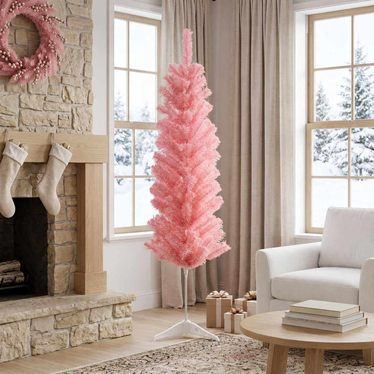 Konstgjort smalt julträd 150 cm PVC och stål Rosa