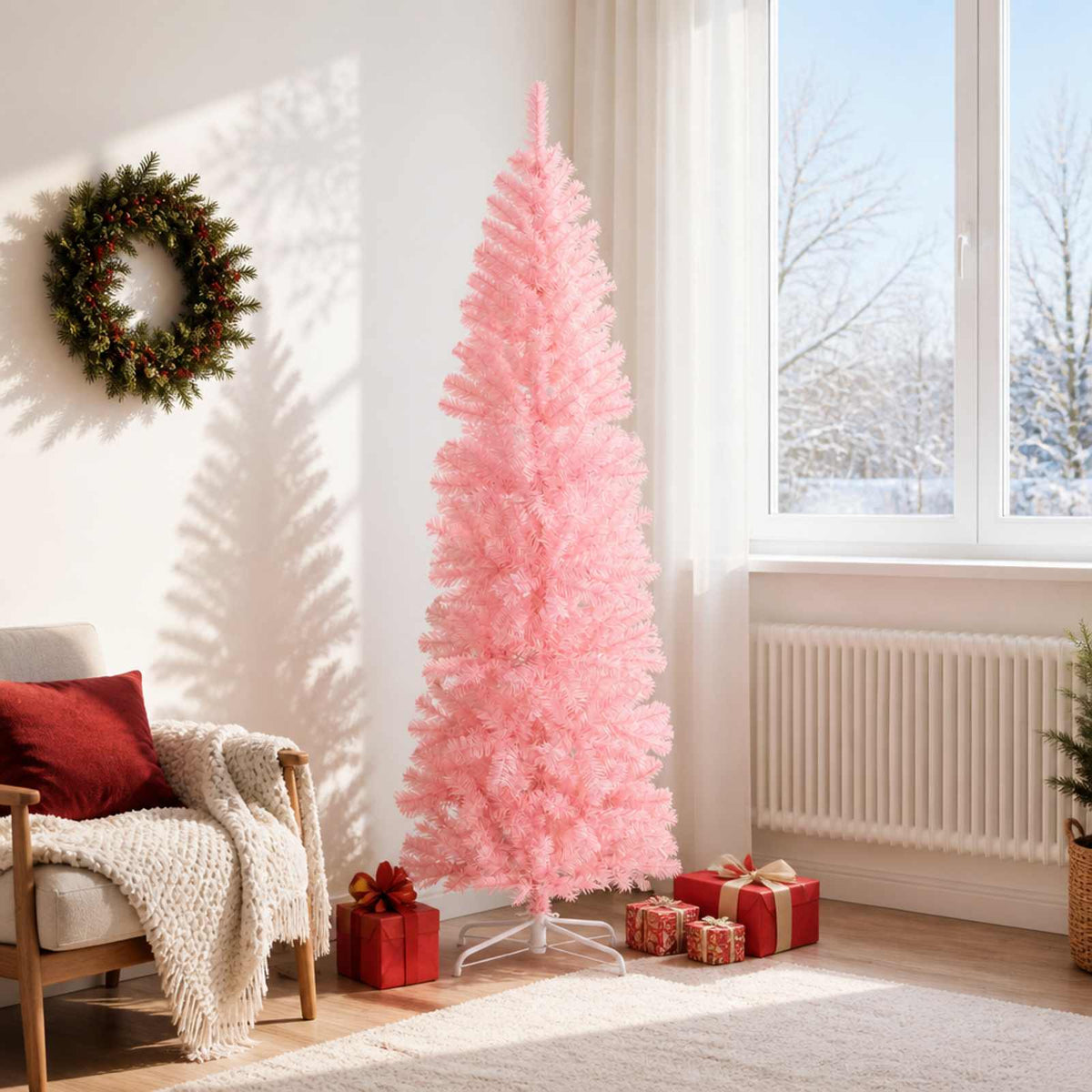 Konstgjort smalt julträd 180 cm PVC och stål Rosa
