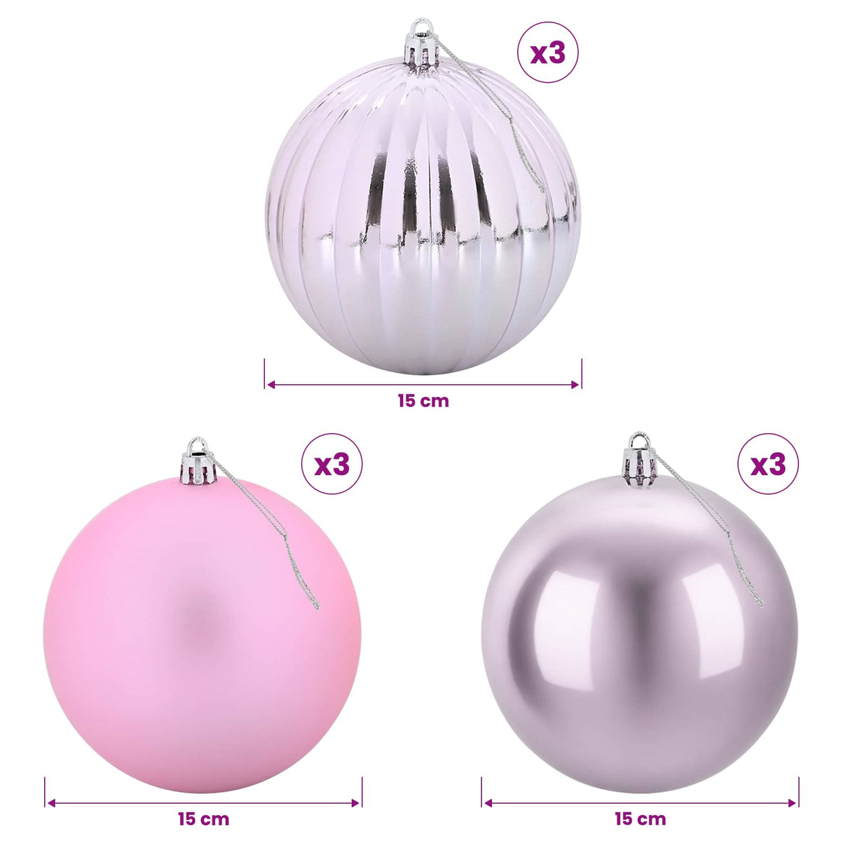 Julgransprydnad Set XL 9 st Rosa Ø 15 cm Plast