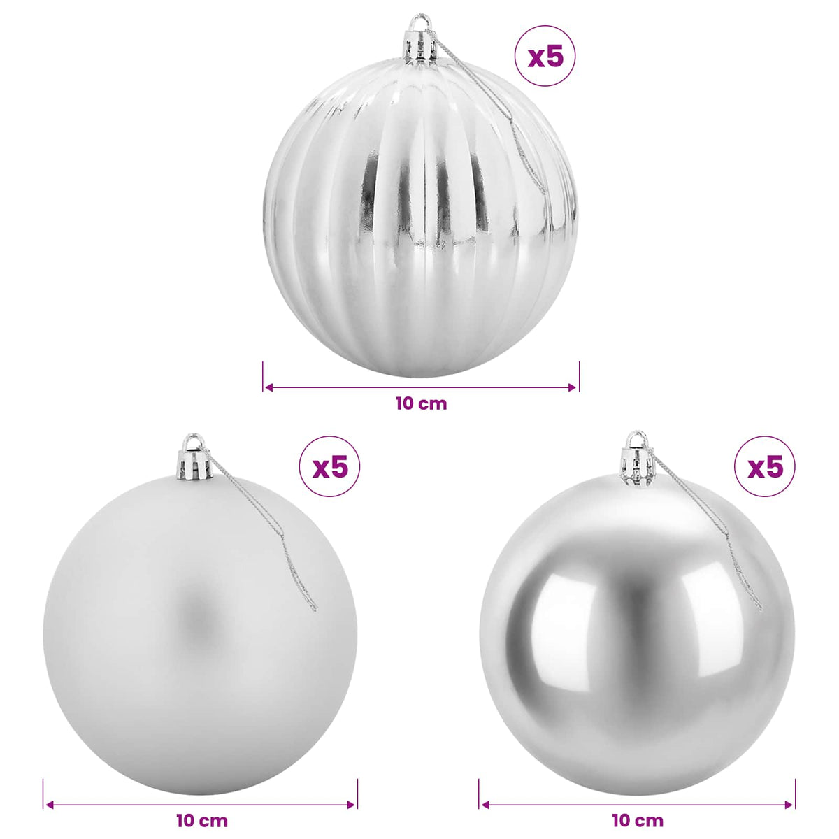 Julgransprydnad Set XL 15 st Silver Ø 10 cm Plast