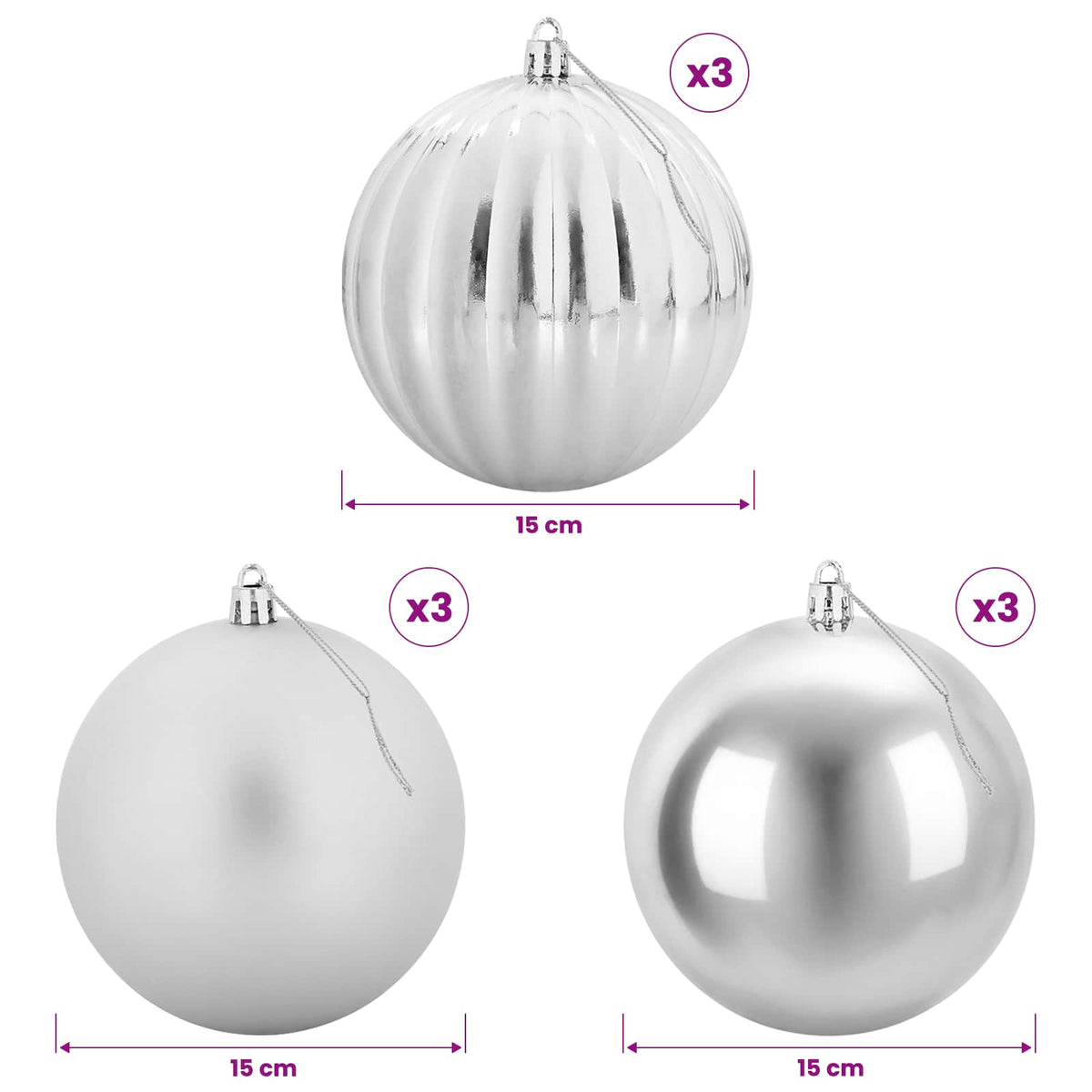 Julgransprydnad Set XL 9 st Silver Ø 15 cm Plast