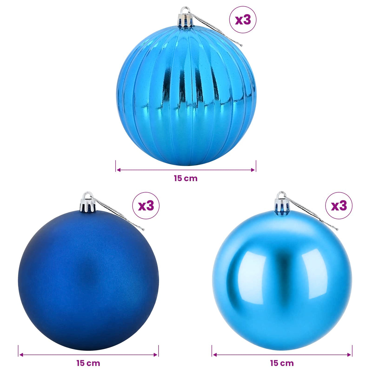 Julgransprydnad Set XL 9 st Blå Ø 15 cm Plast