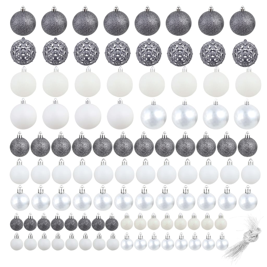 Julgranskulor 100 delar set 3/4/6 cm vit/grå