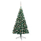 Halv plastgran med LED och julgranskulor grön 150 cm