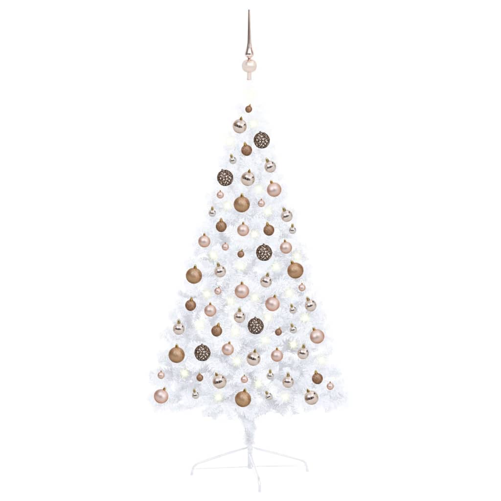 Vit Halv konstgran med spira, LED och brons- och gyllenskimrande julgranskulor 120 cm