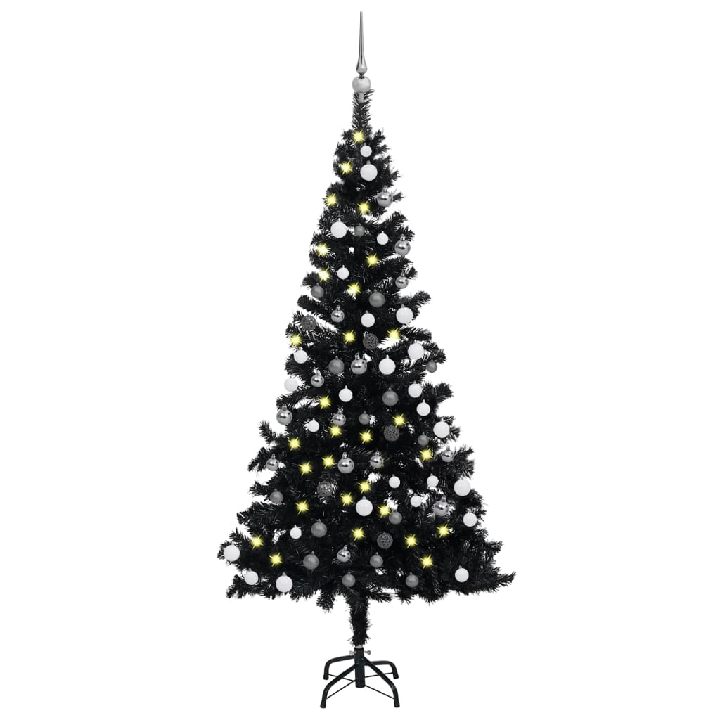 Plastgran med LED och julgranskulor svart 120 cm