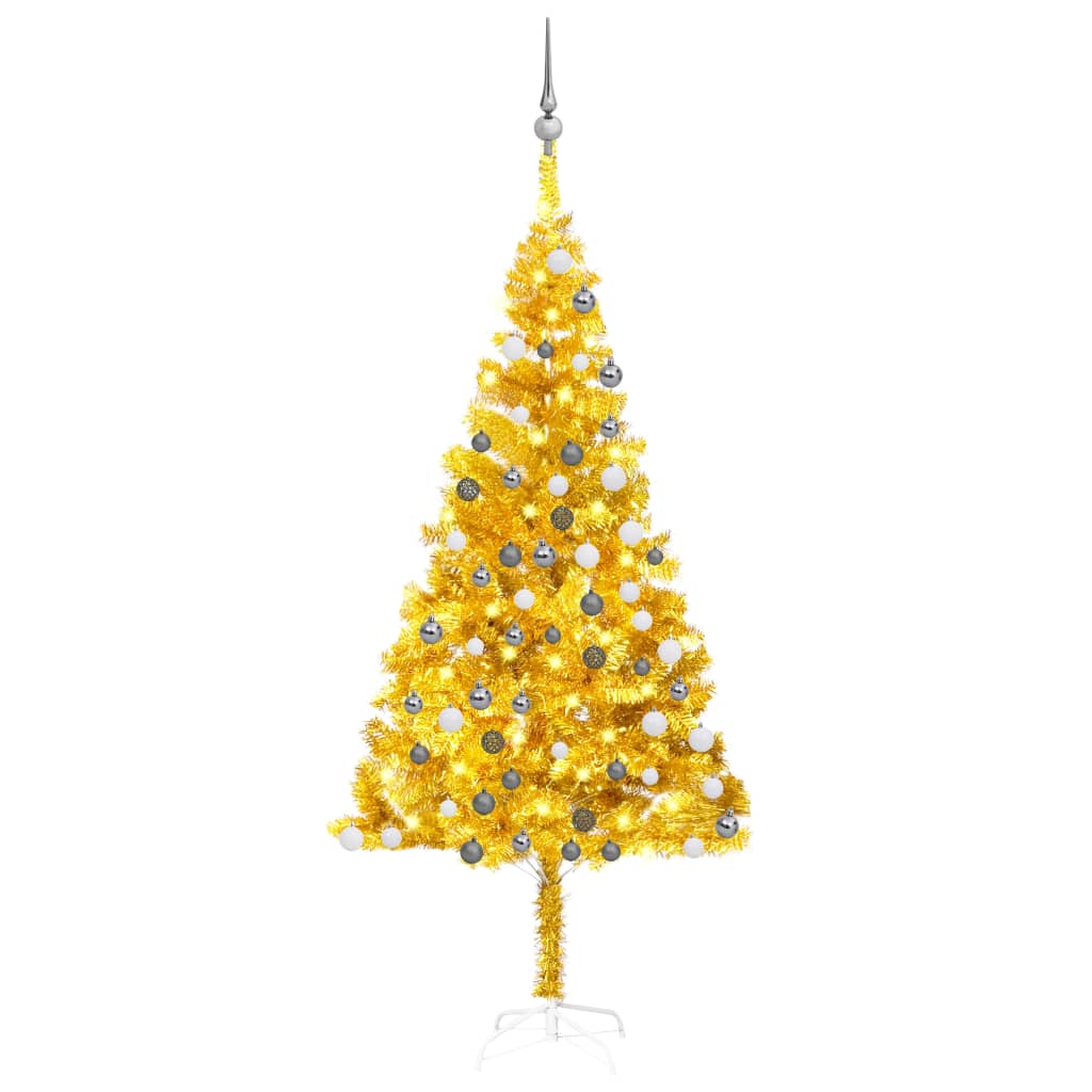 Plastgran med LED och julgranskulor guld 180 cm PET