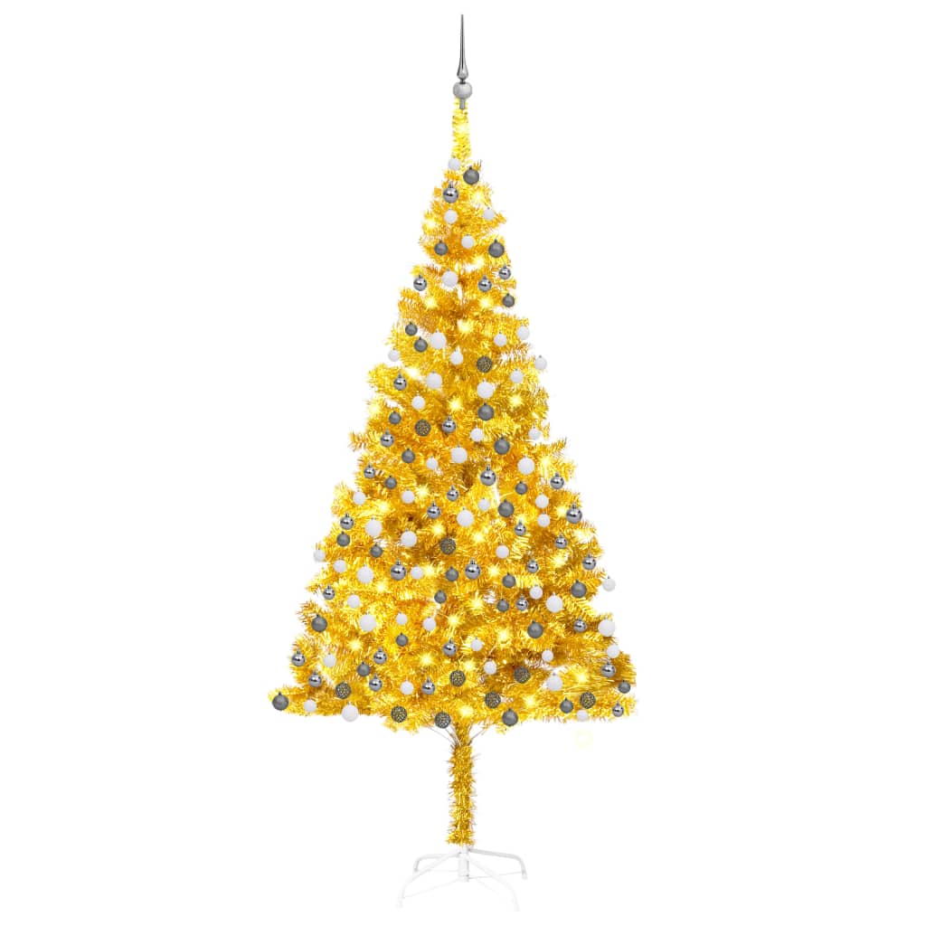 Plastgran med LED och julgranskulor guld 210 cm