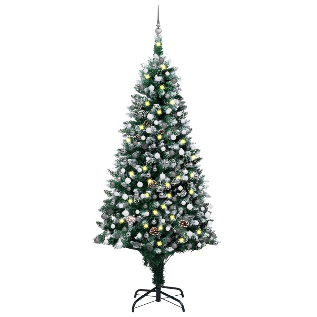 Konstgran med LED och julgranskulor och kottar 210 cm