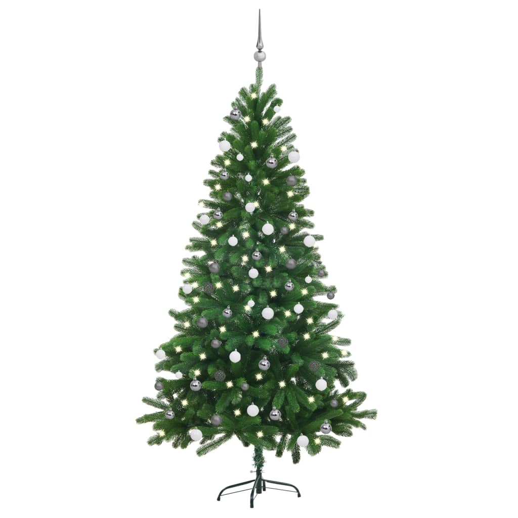 Konstgran grön med LED och julgranskulor 180 cm